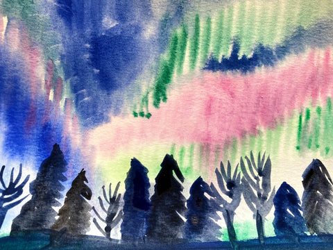 A watercolor painting of the northern lights above a forest.
