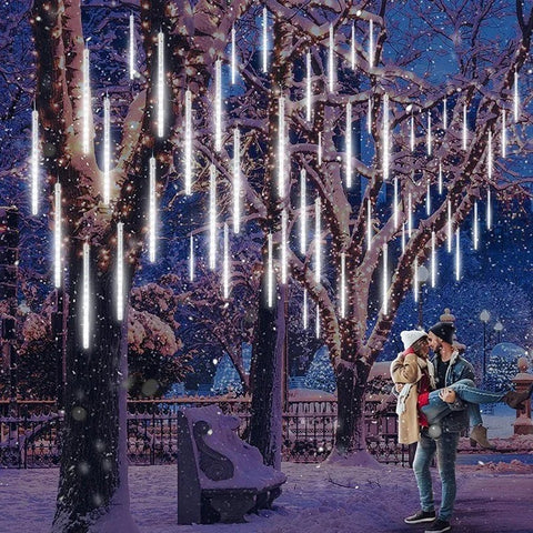 guirlande lumineuse exterieur solaire dans un arbre de parc enneigé avec un couple hétérosexuel