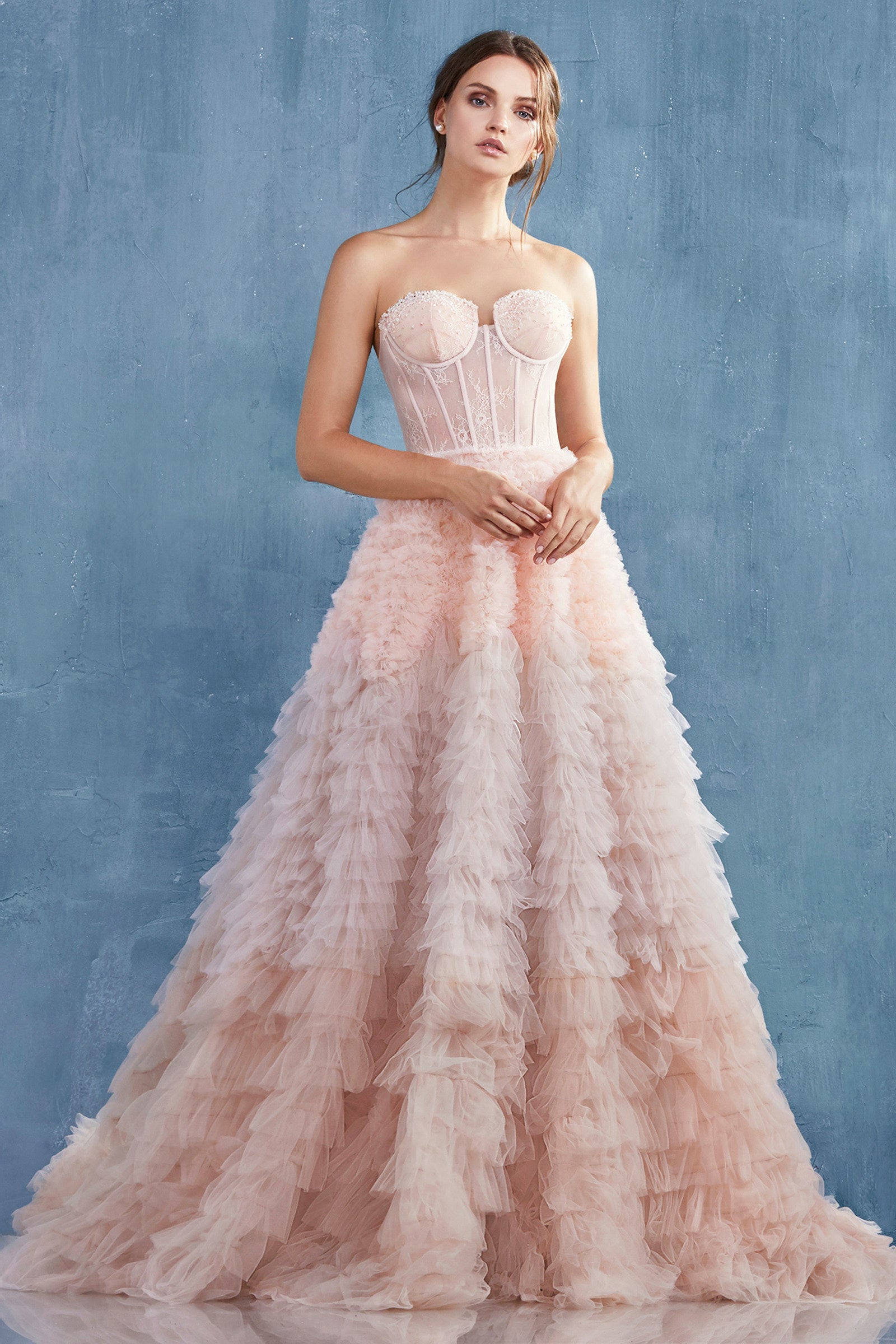ANDREA & LEO A0767 Strapless Bodice Ruffled Ombre Ball Gown Dress