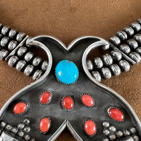 Vintage Navajo Red Coral Turquoise Beaded Necklace Sterling Silver -  Yourgreatfinds