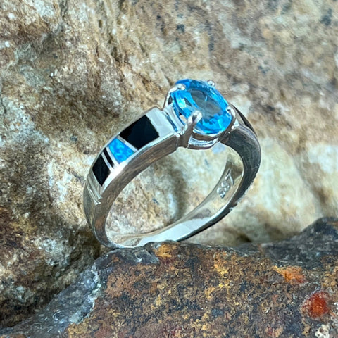 David Rosales Arizona Blue Inlaid Sterling Silver Ring w/ Blue Topaz