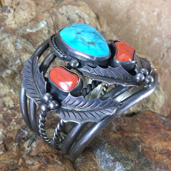 Vintage Turquoise & Coral Silver Bracelet - Estate Jewelry