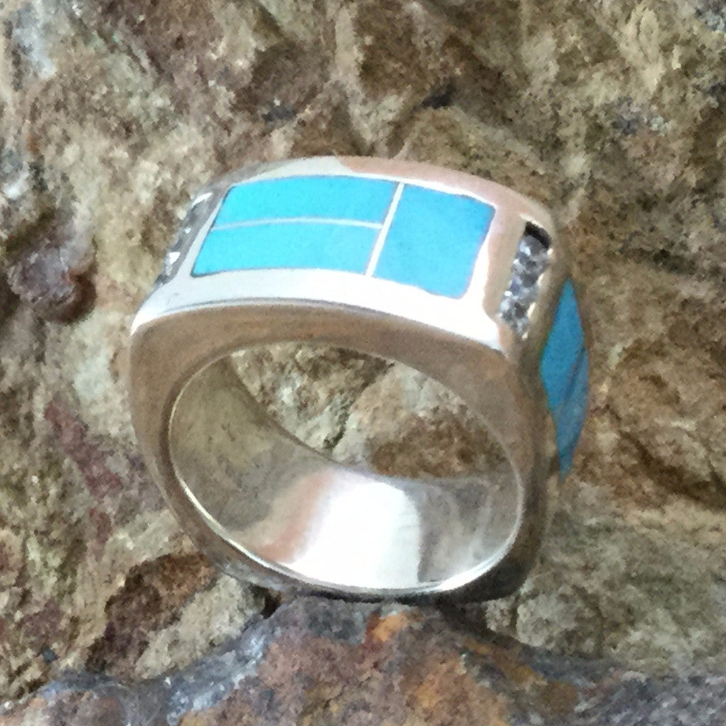 David Rosales Arizona Blue Inlaid Sterling Silver Ring Cubic Zirconia