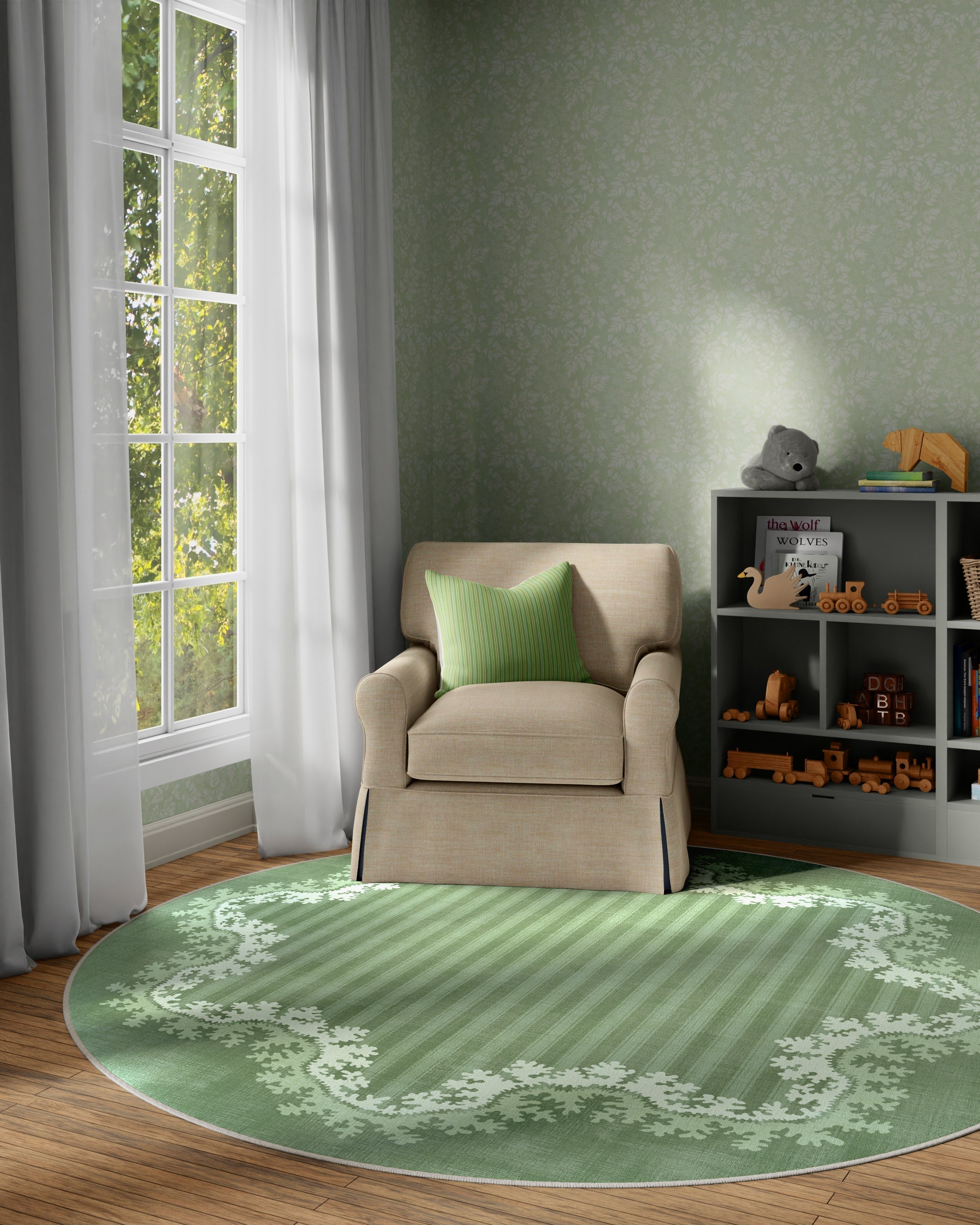 245Round Oxbow Botanical Green Flatwoven Rug by Sanderson