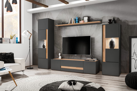 Entertainment tv unit living room furniture set oak and grey matt with led