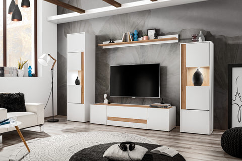 ENTERTAINMENT TV UNIT MODERN STYLE LIVING ROOM FURNITURE SET WHITE MATT AND OAK