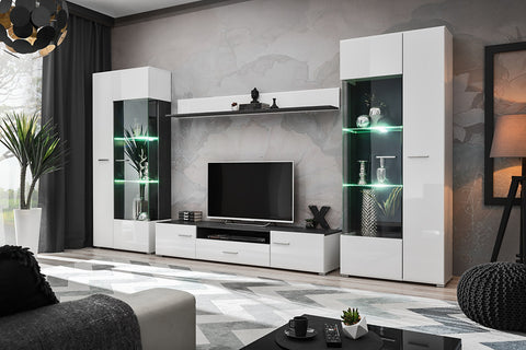 Entertainment unit in white gloss and led light living room furniture set