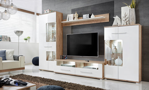living room furniture set modern style entertainment unit in white gloss and oak body with led lights