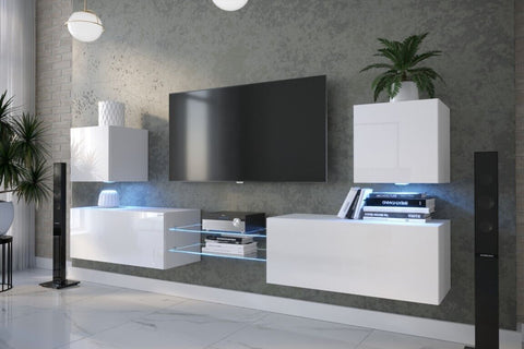 Modern living room furniture set     Contemporary white gloss furniture     TV unit with glass shelves     Entertainment cabinet with LED lights