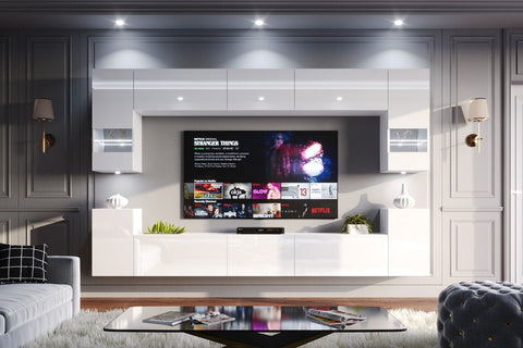 "White gloss contemporary living room furniture set featuring a modern entertainment TV unit with sleek design."