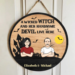 Wicked Witch & Handsome Devil Live Here - Personalized Round Home Decor Wood Sign - Halloween Gift for Couples - Giftstail