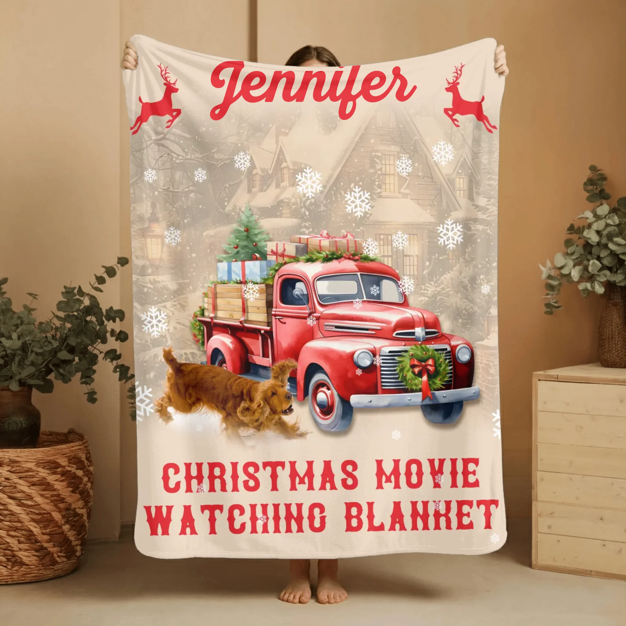 Christmas Customized Movie Watching Blanket - Christmas Vibes Red Moose,Truck and Snowflake Personalized Name Blanket - Christmas Gift For Family,Friend