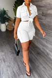 Casual Solid Bandage Patchwork Pocket Buckle Turndown Collar Short Sleeve Two Pieces