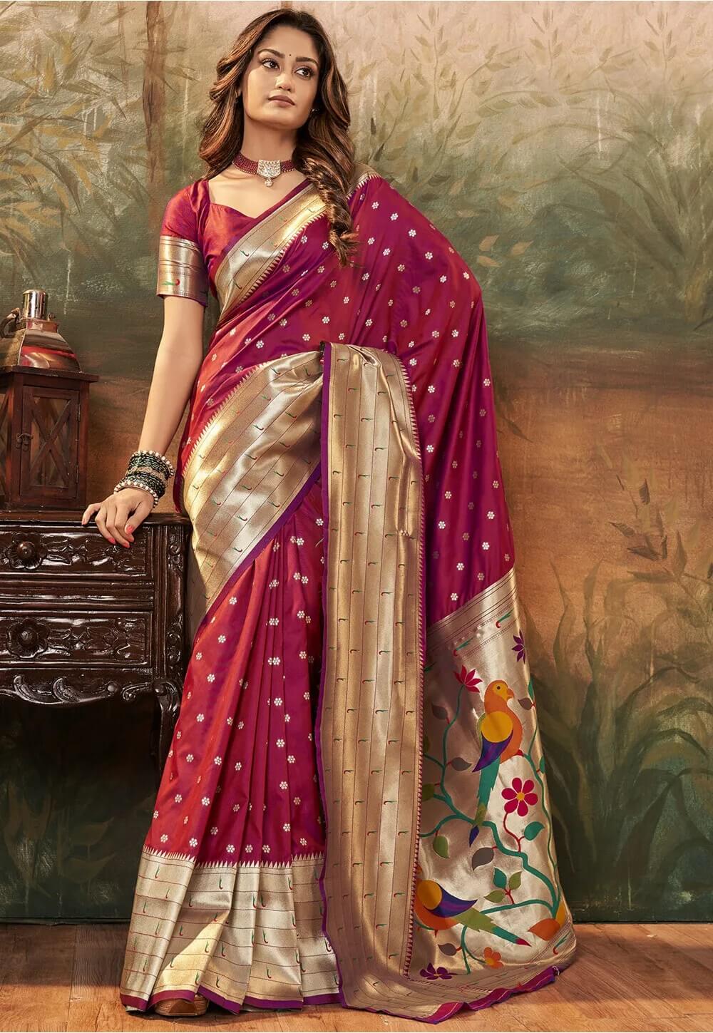 White Satin Silk Paithani Saree - Urban Womania