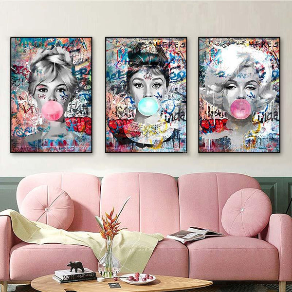 Quadro Decorativo Divas Graffiti Audrey Hepburn, Marylin Monroe, Brigitte Bardot, Decorando a Sala