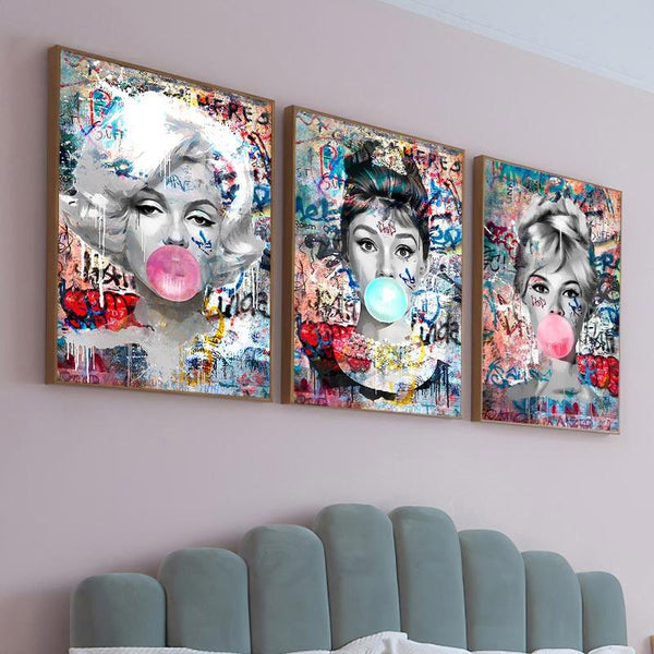 Quadro Decorativo Divas Graffiti Marylin Monroe, Audrey Hepburn, Brigitte Bardot, Decorando a Sala
