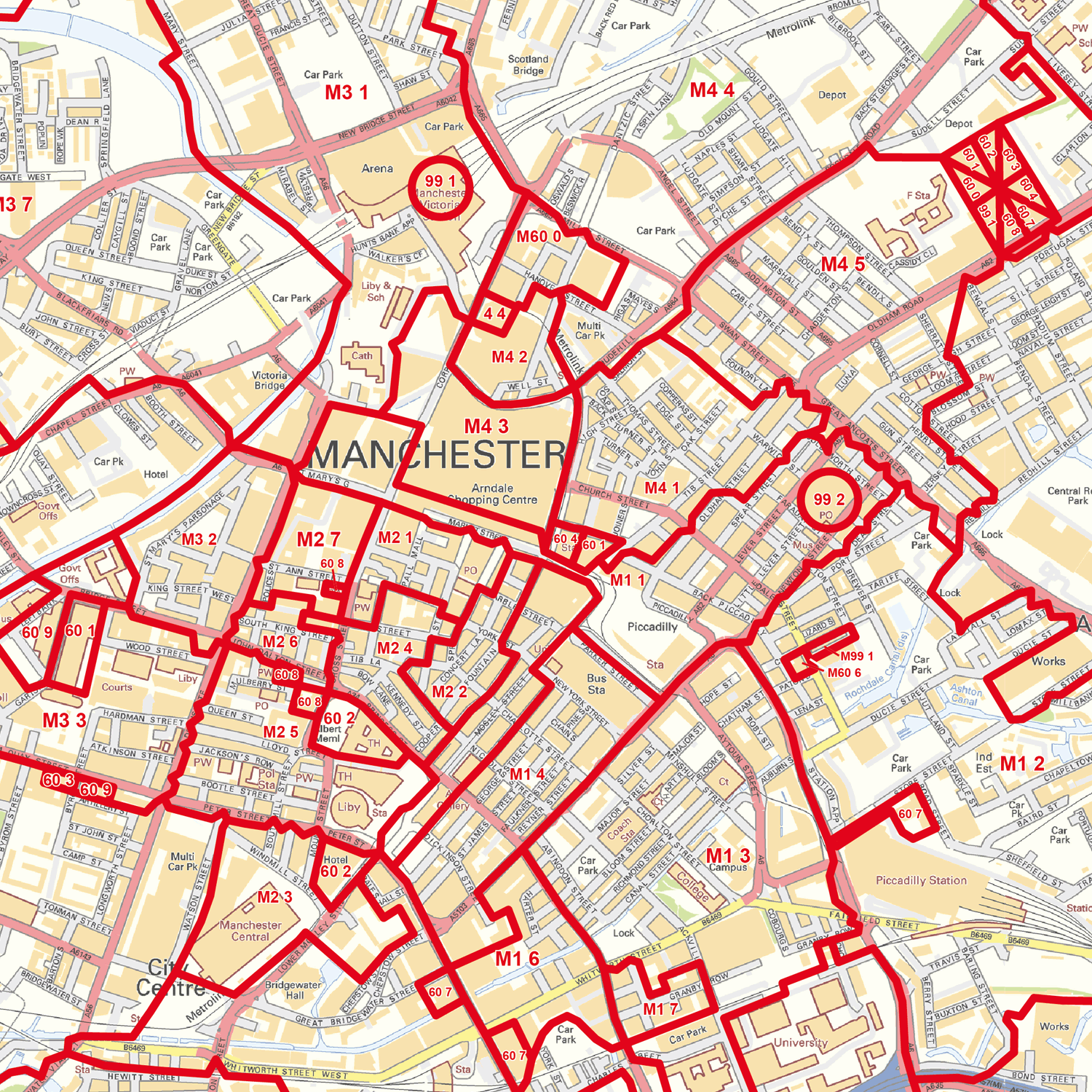 Manchester City Centre Laminated Postcode Sector Map Map Logic