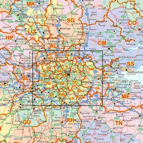 Huge UK Postcode Area Map with County Shading (AR2)