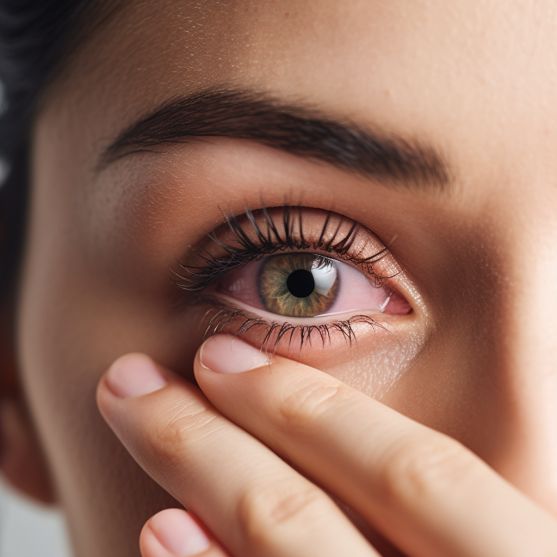 a person experiencing allergic reactions to lash extensions, characterized by symptoms such as redness, watery eyes, itchiness, burning, stinging, and swelling, highlighting the importance of proper lash aftercare and identifying potential allergic responses