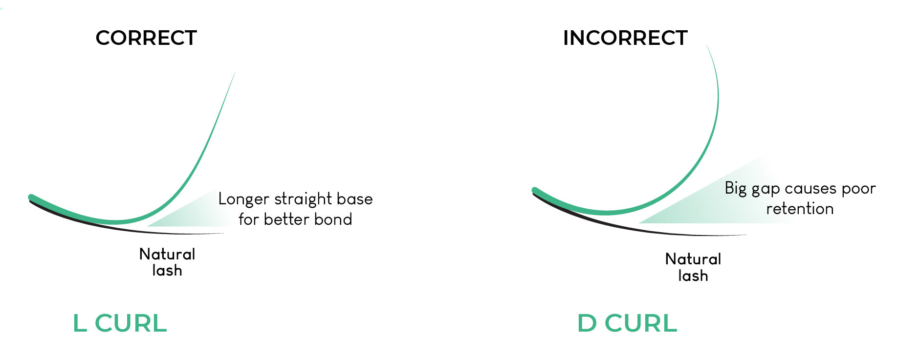 Comparison image of applied L curl and D curl on downturned lashes. The L curl, with its long straight base, showcases better adhesion, providing a gentle lift that opens up the eyes. In contrast, the D curl, despite its dramatic curve, exhibits a significant gap between extensions and natural lashes, resulting in an unnatural appearance and reduced retention. Emphasizing the importance of considering multiple factors when selecting lash curls for clients to achieve stunning, enduring lash sets