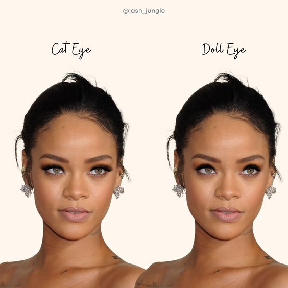 Comparison of Rihanna wearing cat-eye and doll-eye lash extensions, showcasing two distinct eyelash styles for a striking and glamorous look