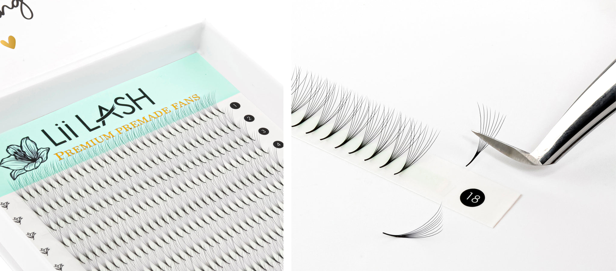 An image displaying a premade fan big tray, neatly packed with lash fans arranged in tape strips. The strips are evenly distributed in a vertical layout within the tray. This design is tailored to assist lash artists in effortless fan pickup within seconds