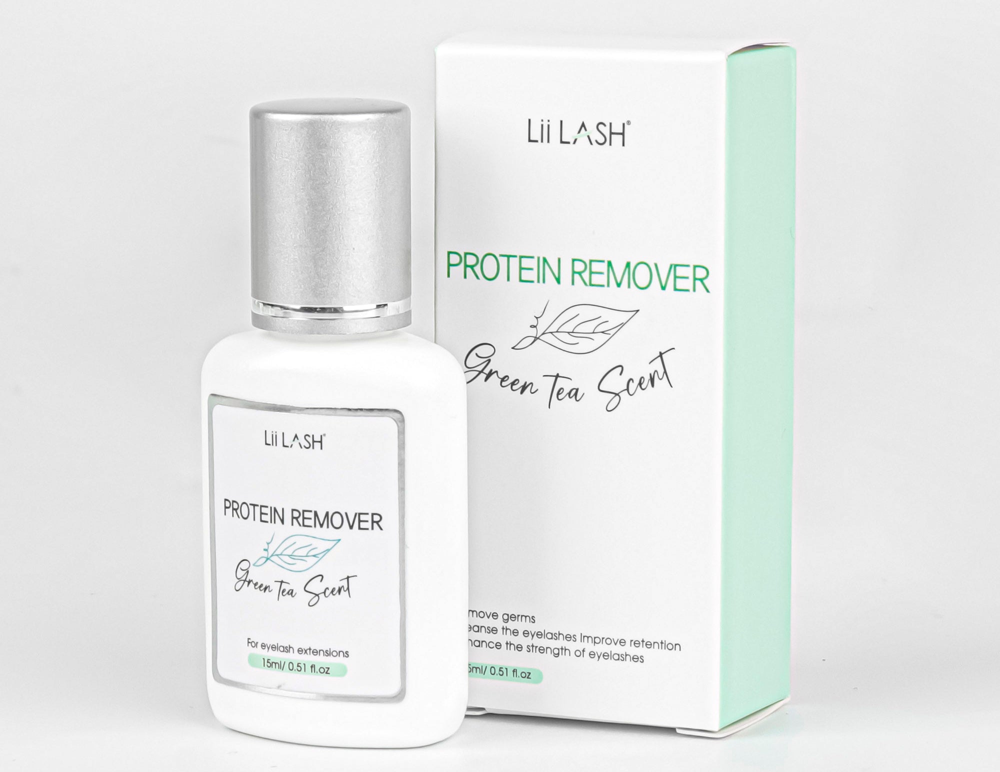 A bottle of protein remover placed beside lash primer and cleanser bottles, indicating they form a recommended trio for effective lash care