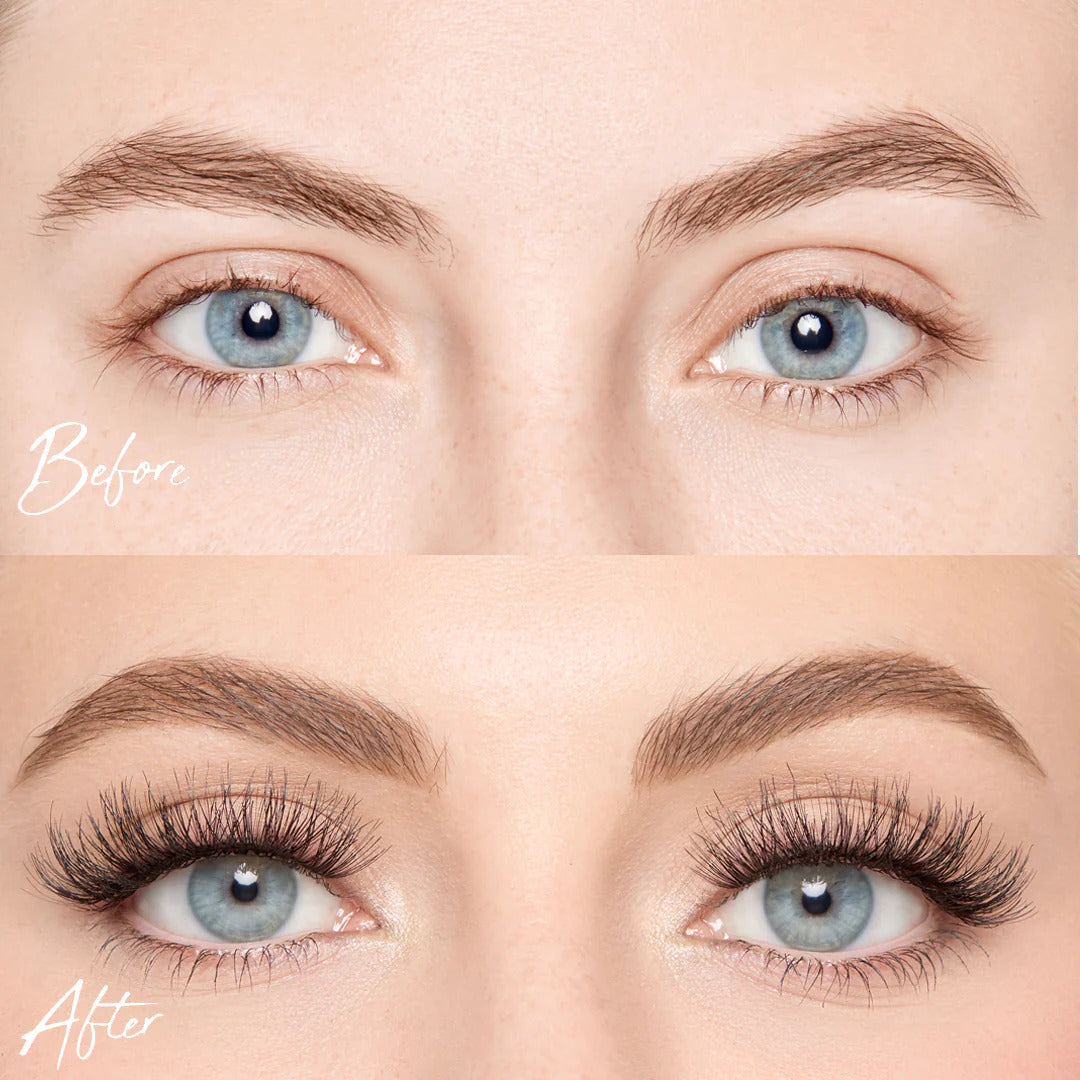 a 'Doll-Eye' lash style transformation, featuring the before and after application, illustrating the change from natural to a more rounded and doll-like eye appearance, achieved through lash extensions or makeup