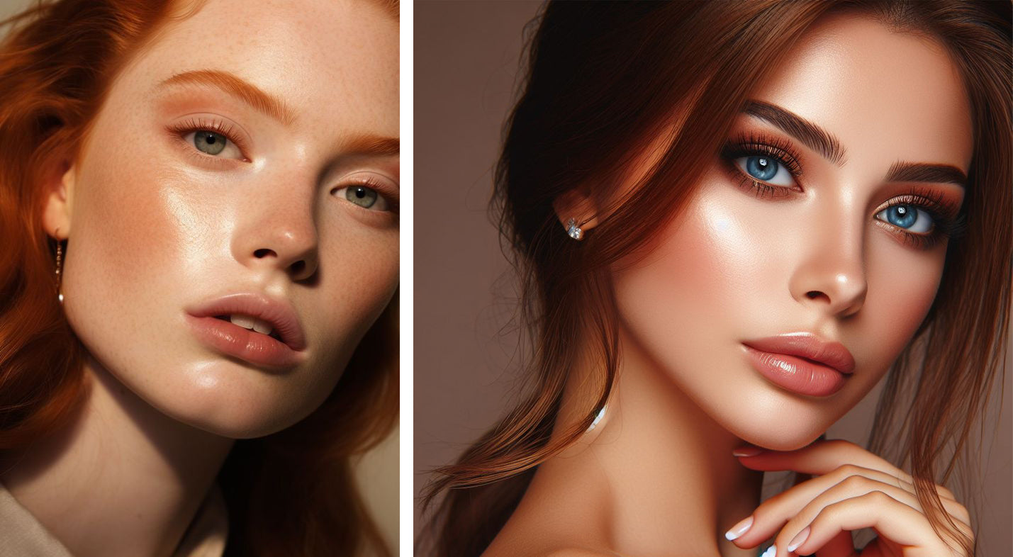 On the left, light brown lashes applied to real hazel eyes, accentuating the natural hues. On the right, dark brown lashes applied to brown eyes, enhancing depth and complementing the eye color