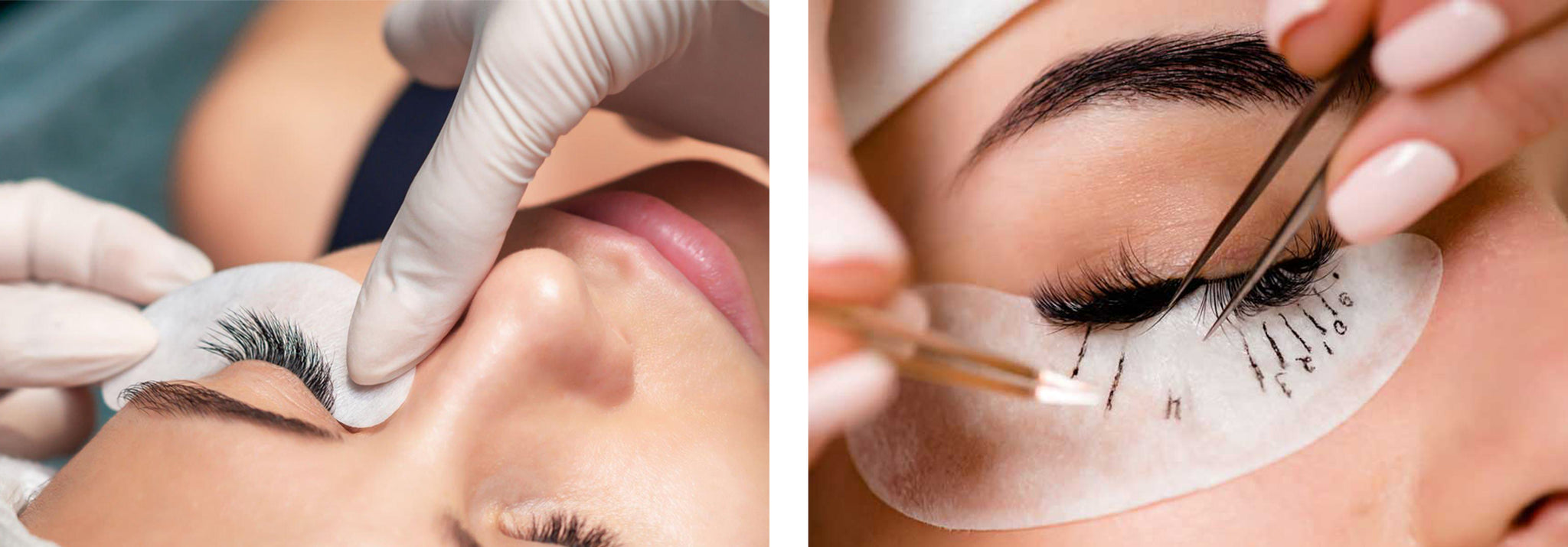 On the left, a technician carefully places an under-eye pad to isolate and protect lower lashes. On the right, the technician uses the pad to create a lash mapping, aiding in precise placement and design for the lash extensions, demonstrating the multifunctional use of under-eye pads in the process