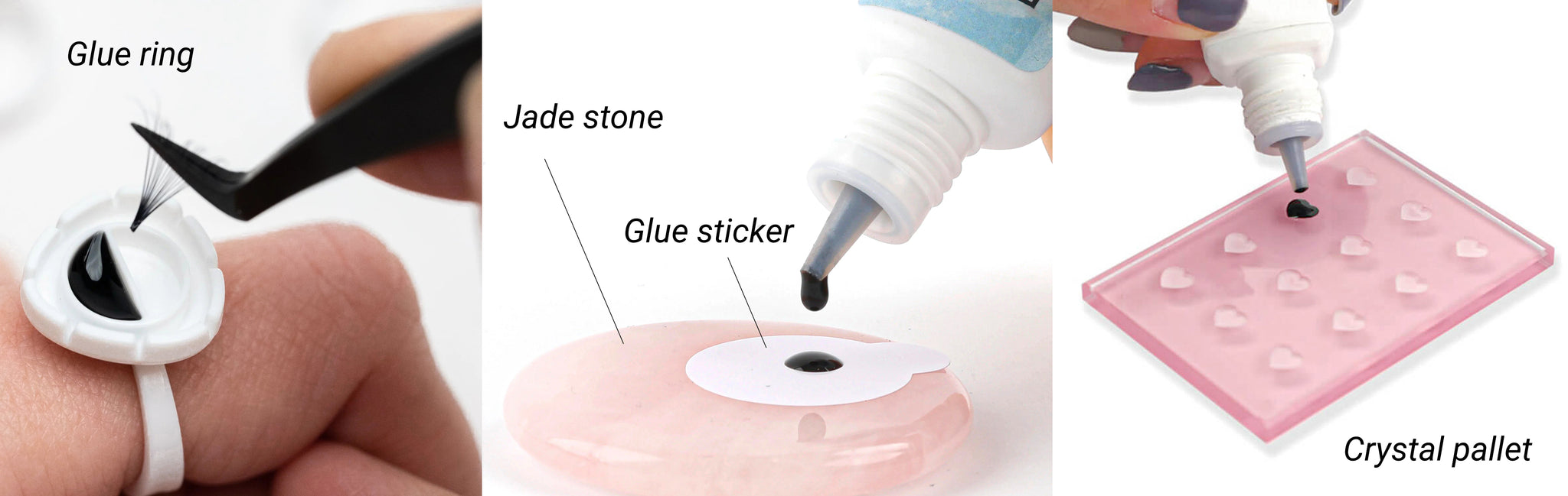 An image displaying various lash glue holders: a glue ring, glue sticker, jade stone, and crystal pallet, each serving as a receptacle for lash adhesive during the application process. These tools offer diverse options for lash technicians to dispense and work with lash glue effectively