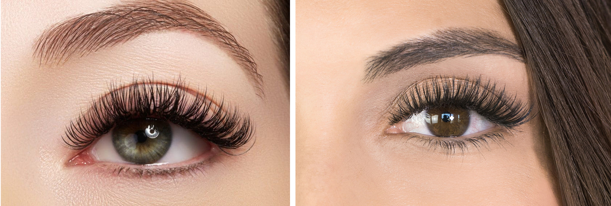 An image displaying the outcome of a trending lash style: hybrid lashes, showcasing a blend of classic and volume lash techniques. The result is a textured, fuller lash appearance with a mix of lengths and thickness, offering a balanced yet striking look