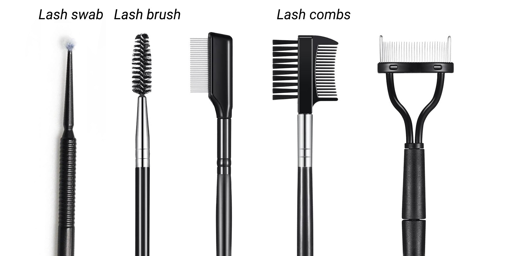 a variety of lash brushes: lash swabs, lash brushes, and lash combs, each designed for specific purposes in the maintenance and grooming of eyelash extensions. The assortment highlights the diverse tools used in achieving precise and well-groomed lash looks