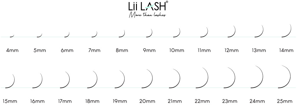 Image displaying a comprehensive lash length chart ranging from 4mm to 25mm by Lii Lash, providing a visual guide for lash extension lengths