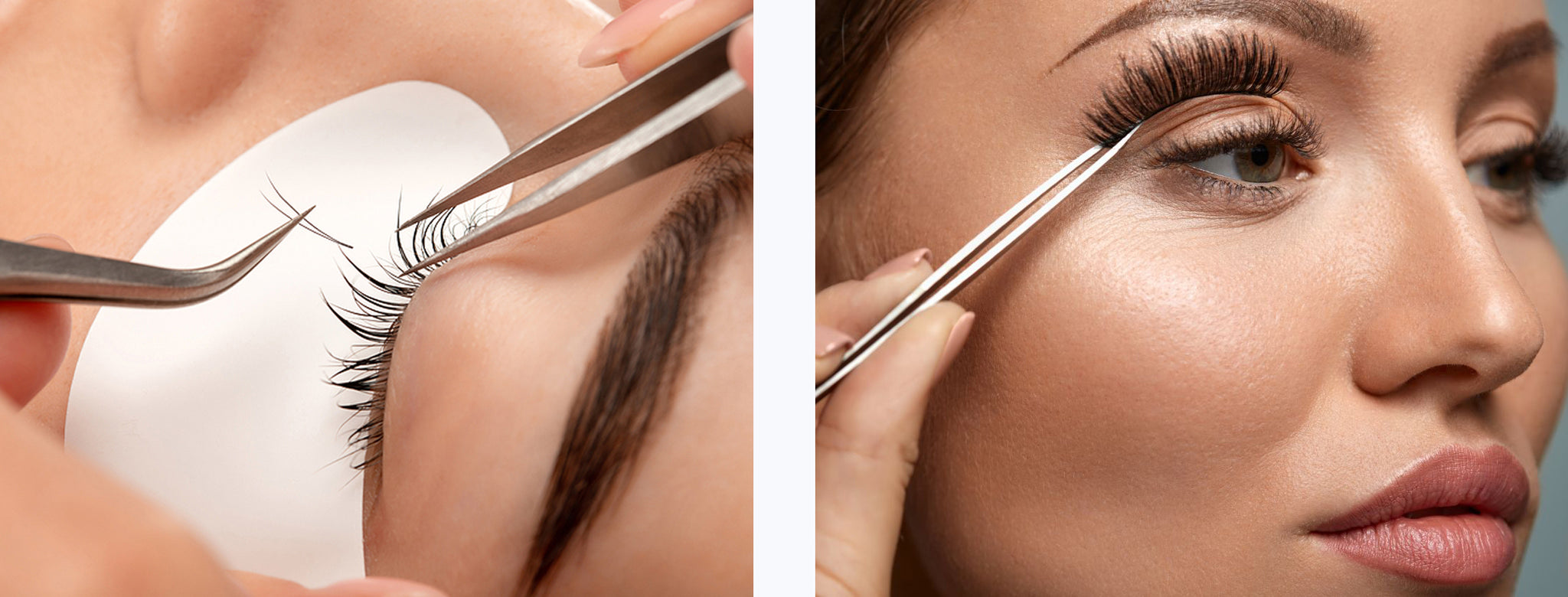 Comparison of Strip Lashes and Lash Extensions: On the right, a hand holding a strip lash against a natural eyelash. On the left, a lash extensions is beautifully applied to enhance the natural lashes
