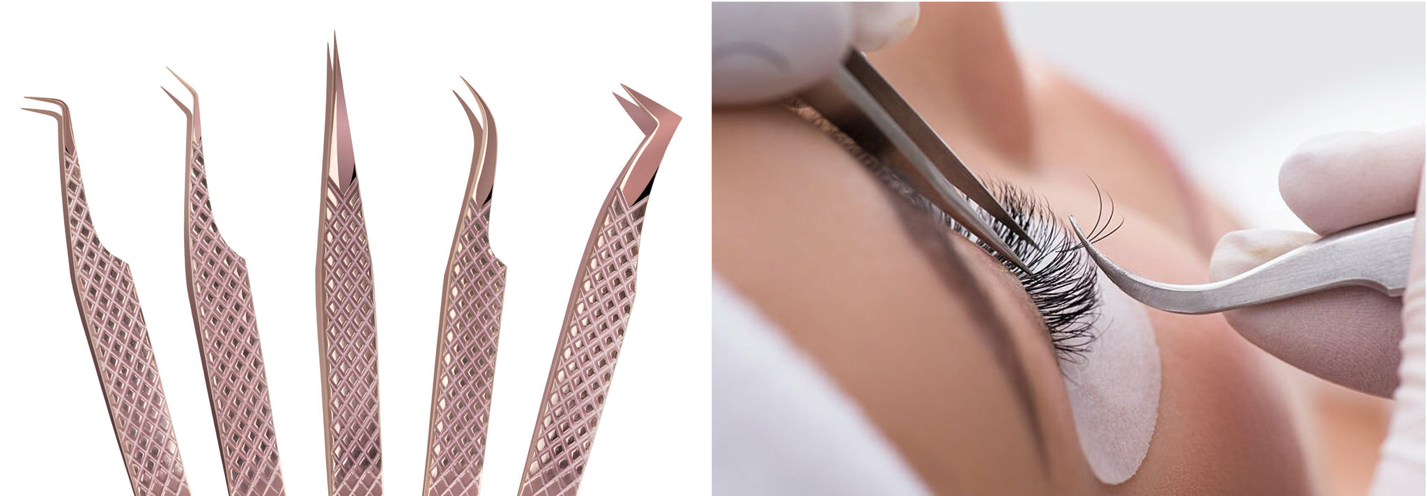 An assortment of specialized tweezers on the left, designed for various purposes. On the right, a lash technician skillfully employs two distinct tweezers - one for precise lash isolation and the other for meticulous application