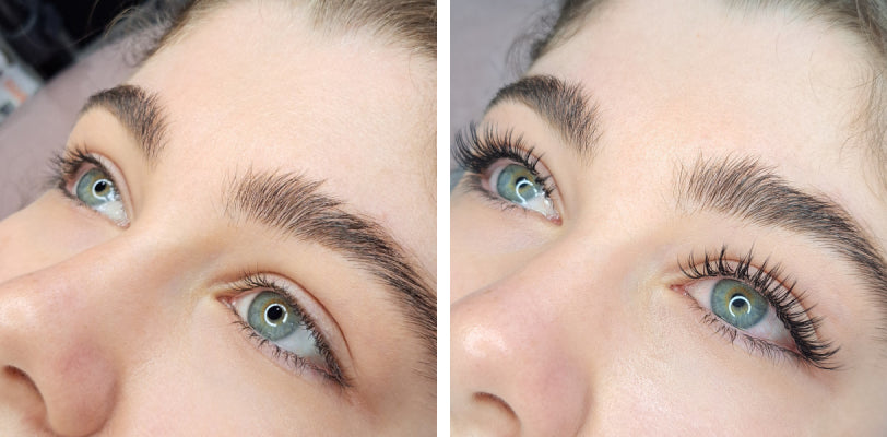 Left picture: A 'before' image showing natural lashes without wet-look lash extensions.  Right picture: An 'after' image displaying the dramatic transformation with wet-look lash extensions. The lashes appear glossy and defined, achieving a striking, wet-like effect