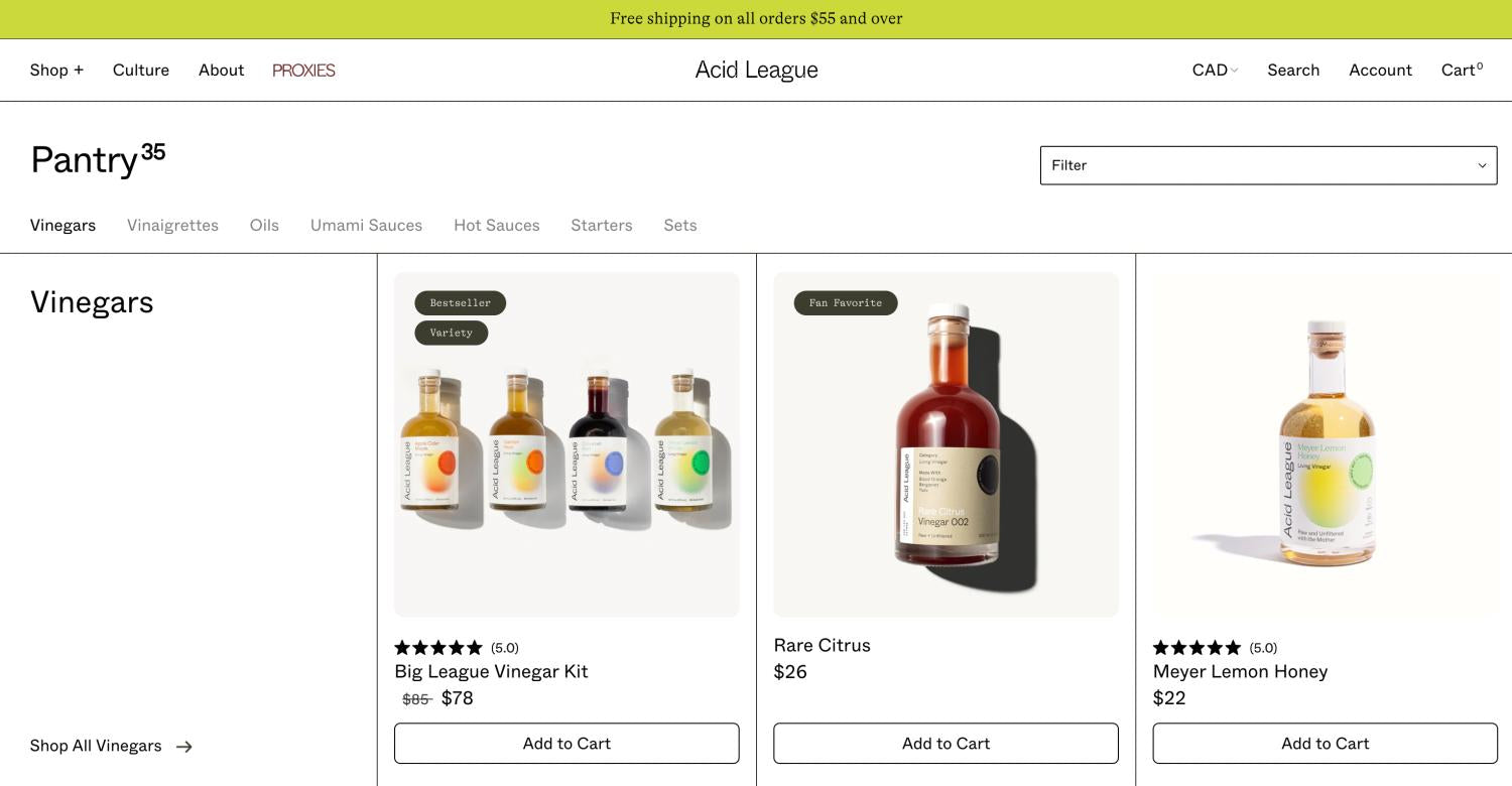 Acid League'in web sitesindeki koleksiyon sayfası.