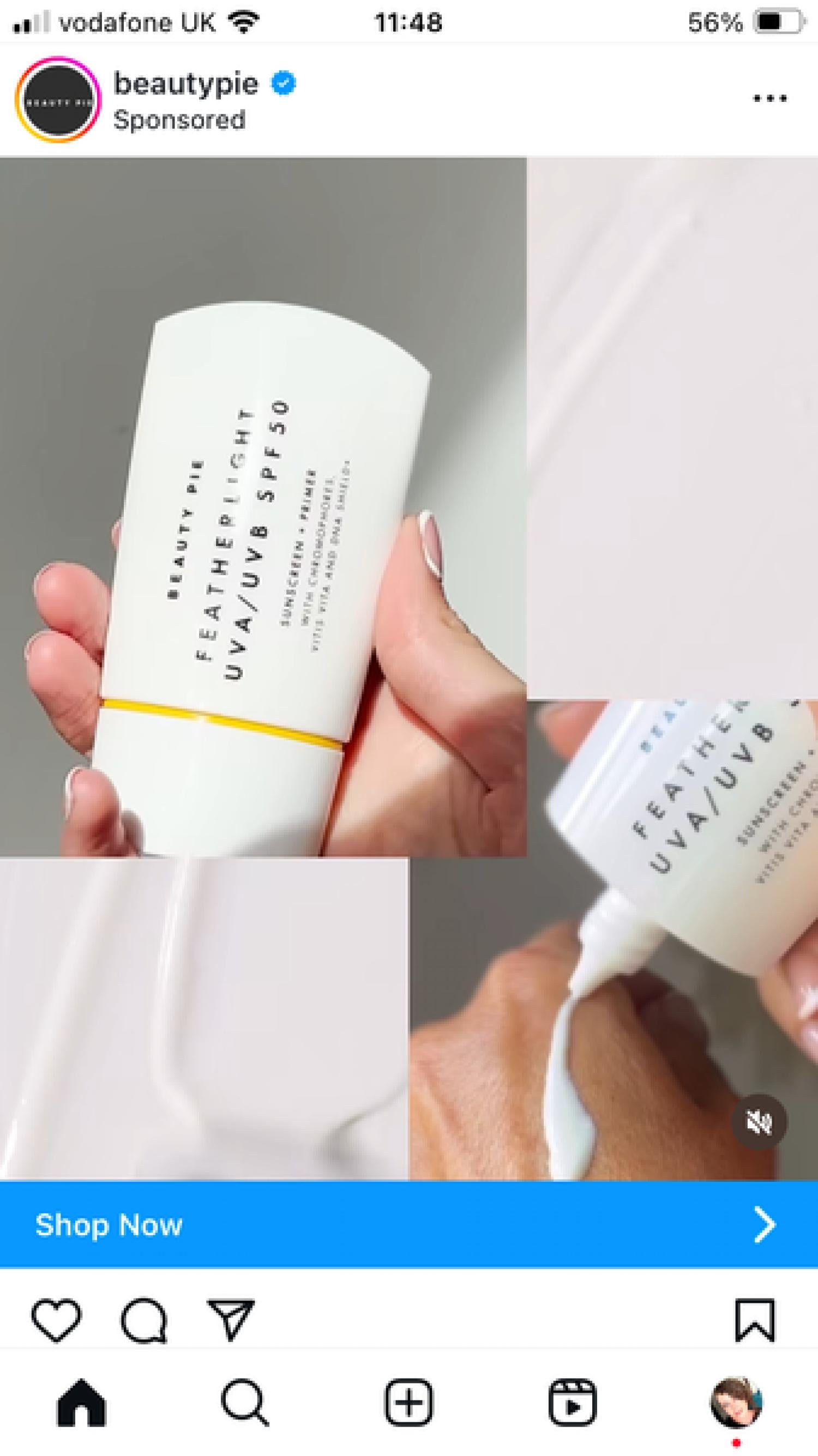 Beauty Pie tarafından tanıtılan feathery UVA güneş kremi tutan bir elin Instagram reklamı.
