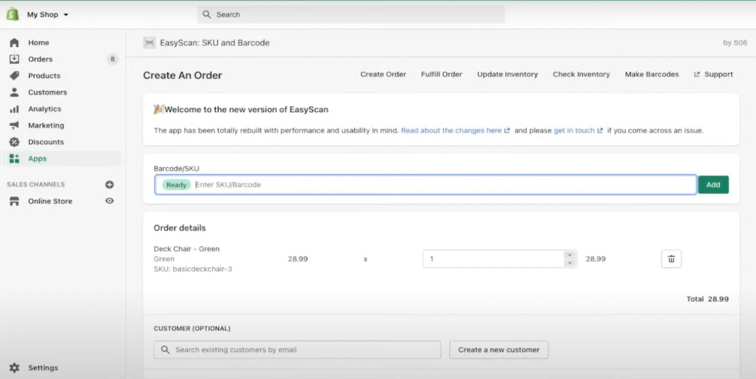 506 EasyScan SKU & Barcode kullanıcı arayüzünün ekran görüntüsü
