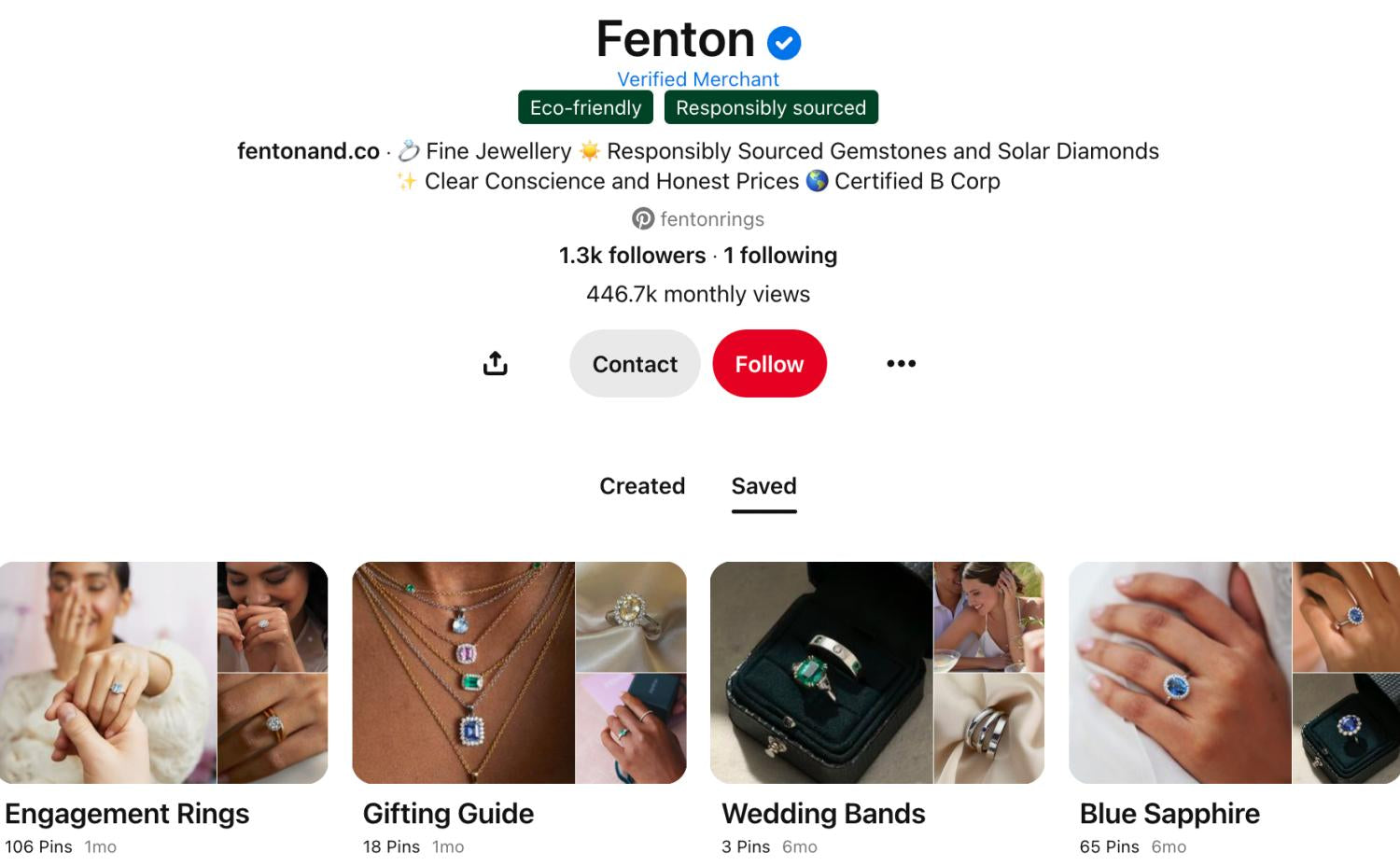 Yüzük, kolye ve mücevher resimlerinin yer aldığı Fenton'ın Pinterest profil sayfası.