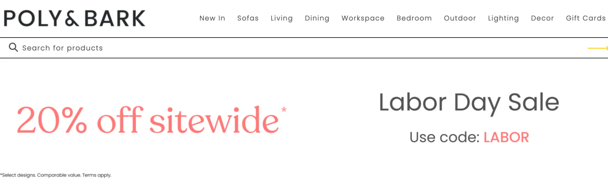 Poly & Bark web sitesinden bir ekran görüntüsü. İşçi Bayramı indirimi duyuruluyor: Site genelinde %20 indirim için LABOR kodunu kullanın.
