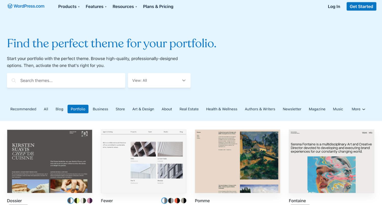 WordPress'teki portföy şablon seçeneklerinin ekran görüntüsü.