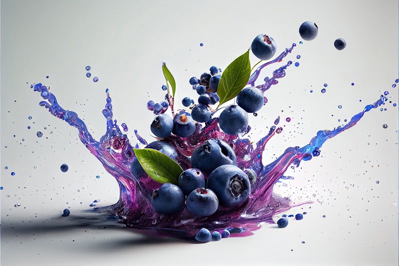 Blaubeeren mit Blättern, die in alle Richtungen in violettem Saft explodieren, auf weißem Hintergrund.