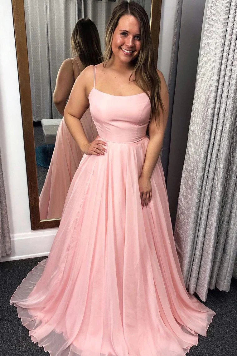 DingJiDress Straps Prom Dresses A Line Tulle Sweep Train
