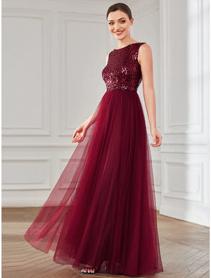A-Line Party Dresses Elegant Dress Wedding Guest Floor Length Sleeveless Jewel Neck Tulle with Sequin - DingJiDress