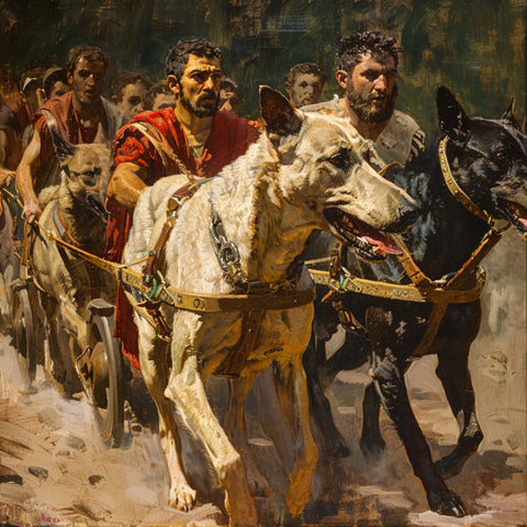 An old fashioned painted image of dogs from Ancient times (Roman Era) wearing Dog Harnesses that were reflective of this era. Made from Leather or Rope.