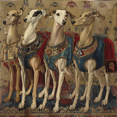 An image of four greyhound type dogs wearing noble harnesses made of silk as representation of dog harnesses from the Middle Ages.