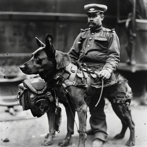 An image of a Dog wearing a dog harness reflective of the Industrial Revolution.