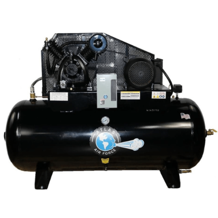 Atlas AF9 7.5HP 120-Gallon Air Compressor shown from the side, featuring a horizontal tank, dual-stage pump, and front-mounted gauge assembly under a steel belt guard.